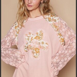 Floral Lace Sleeve Pink Top